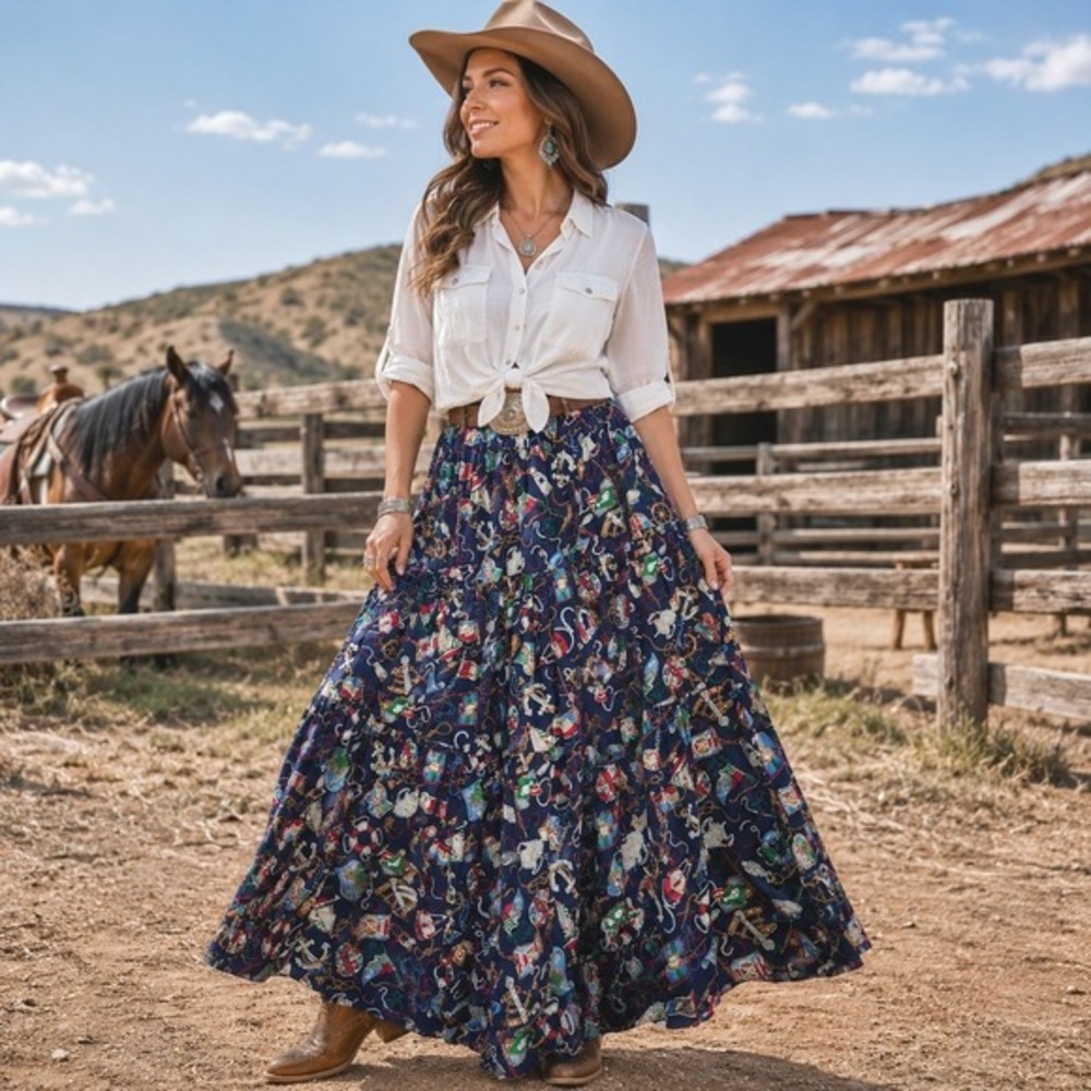 Vtg Womens Tiered Broomstick Maxi Skirt‎ Peasant US Made Cactus Southwestern